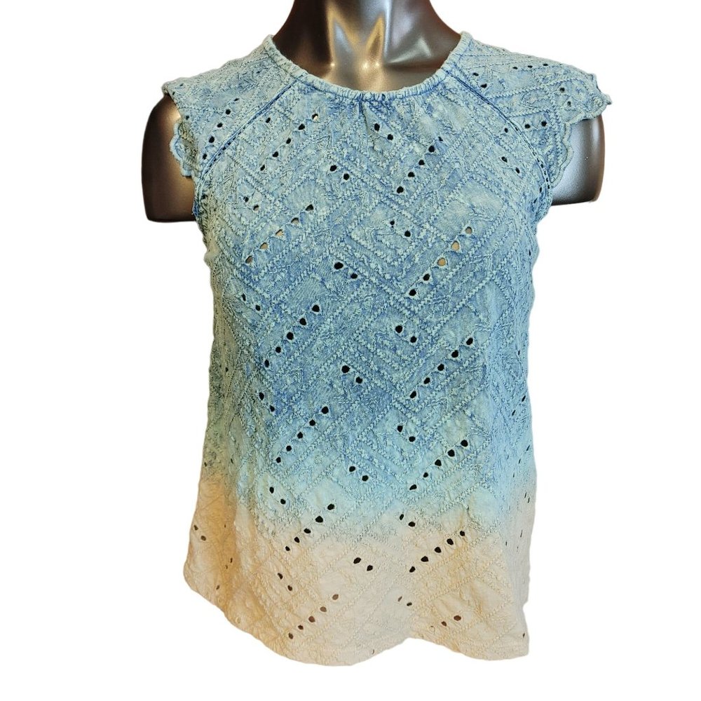 Lucky Brand Womens Blue/White Ombre Dip Dyed Eyelet Lace/Cutout Back Top S